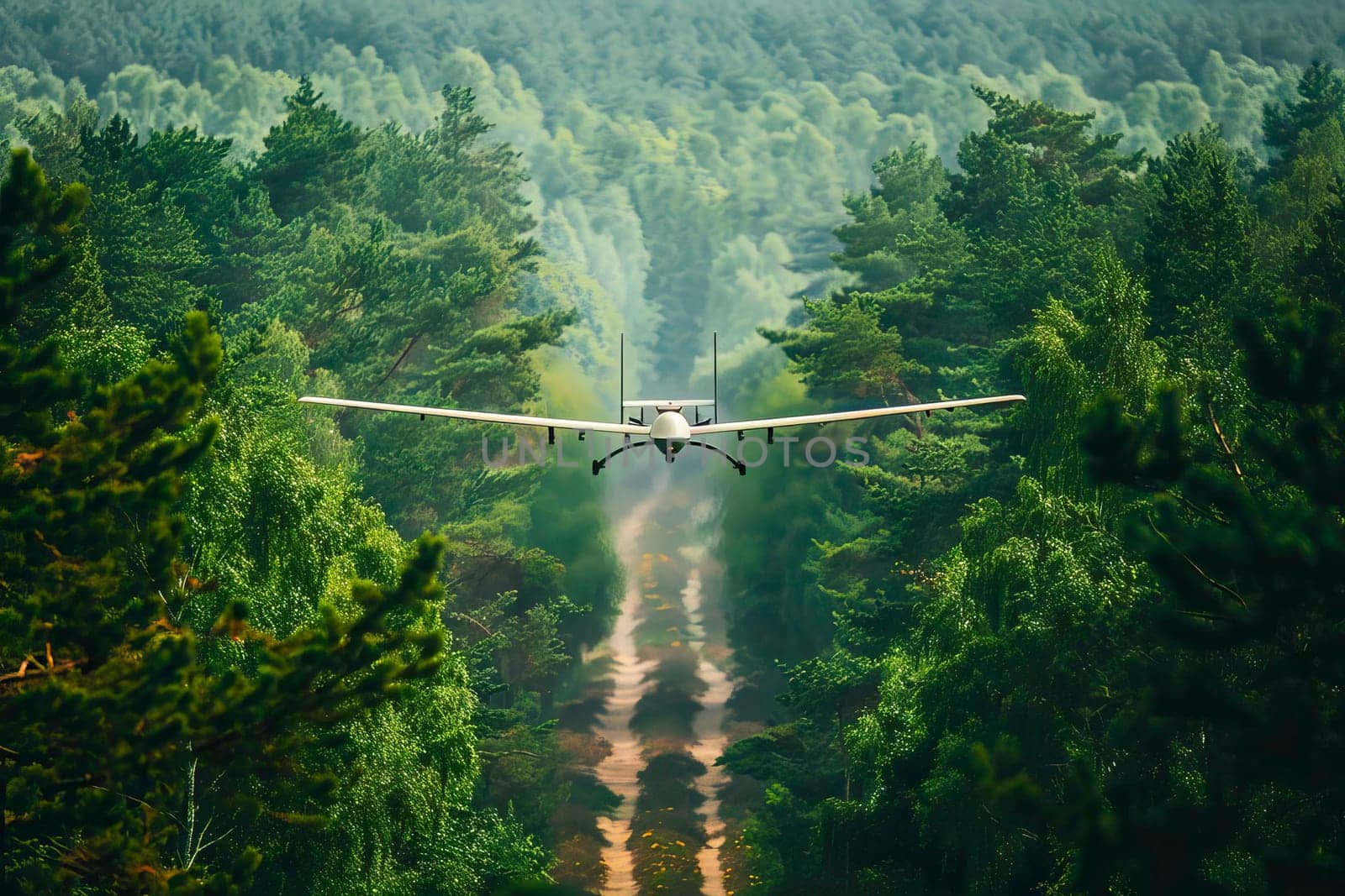 Military plane flies over a dense forest filled with tall trees. by vladimka