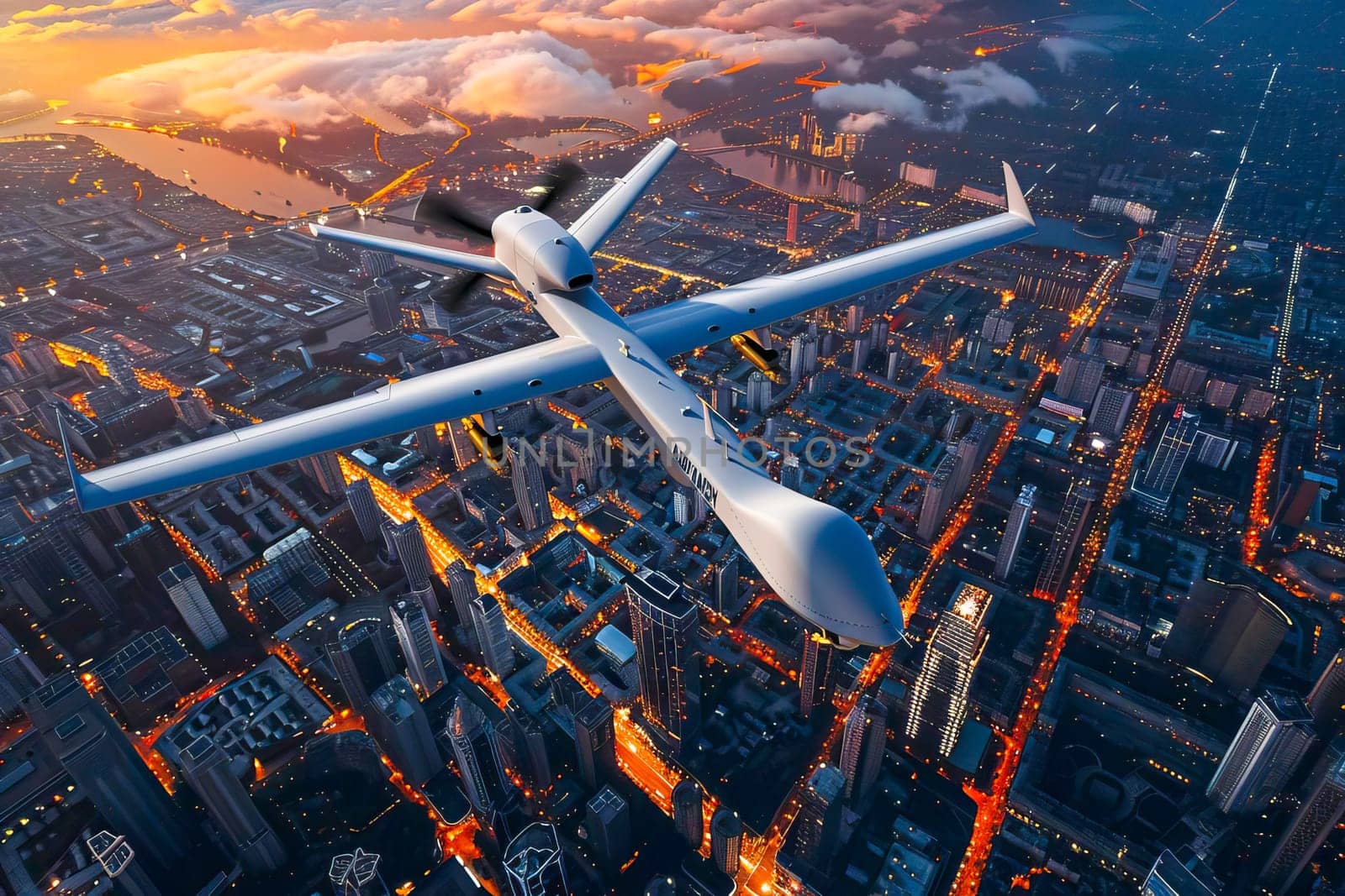 Military unmanned airplane lights flies over a cityscape at night.