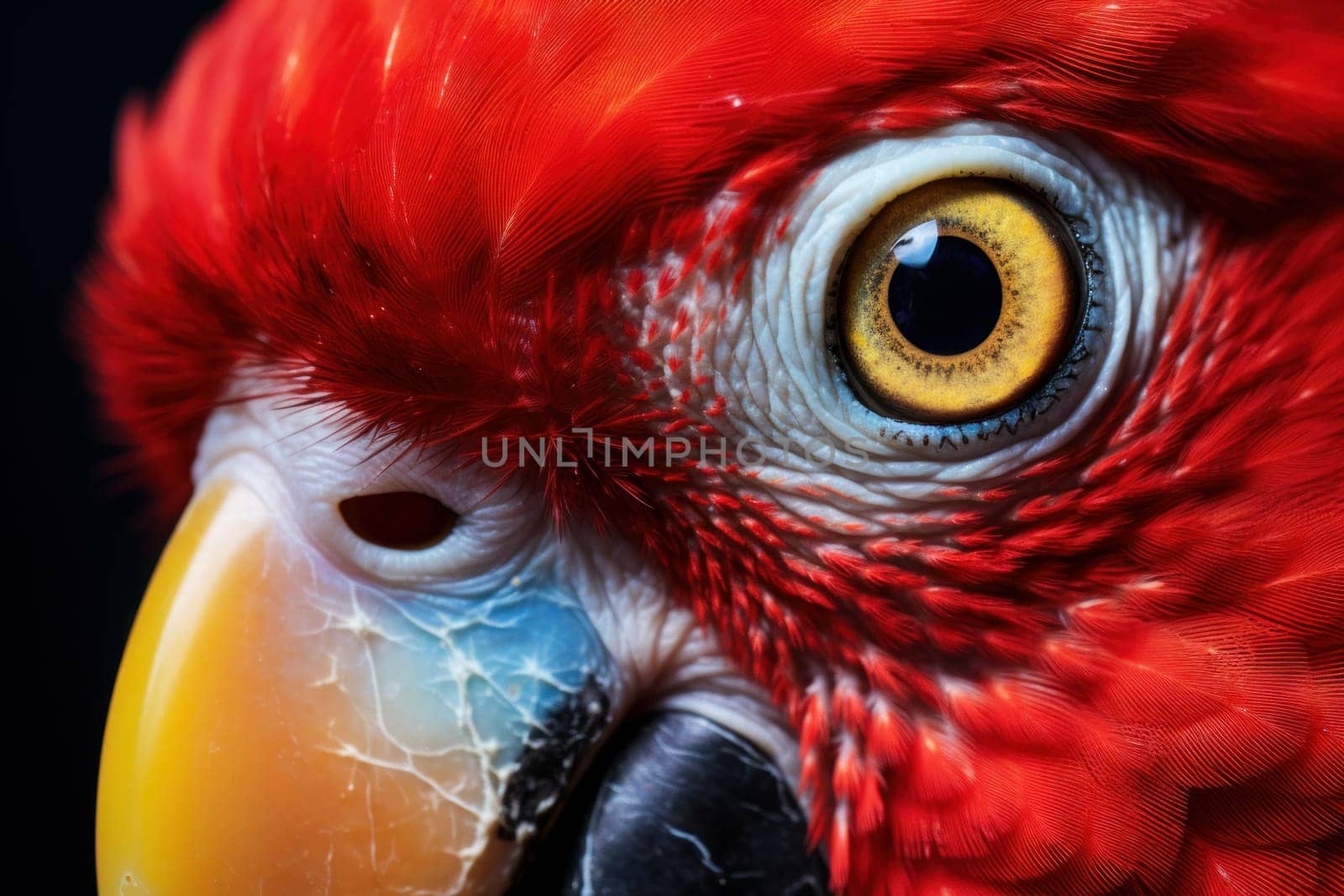 Colorful Red parrot head closeup. Color beak. Generate Ai