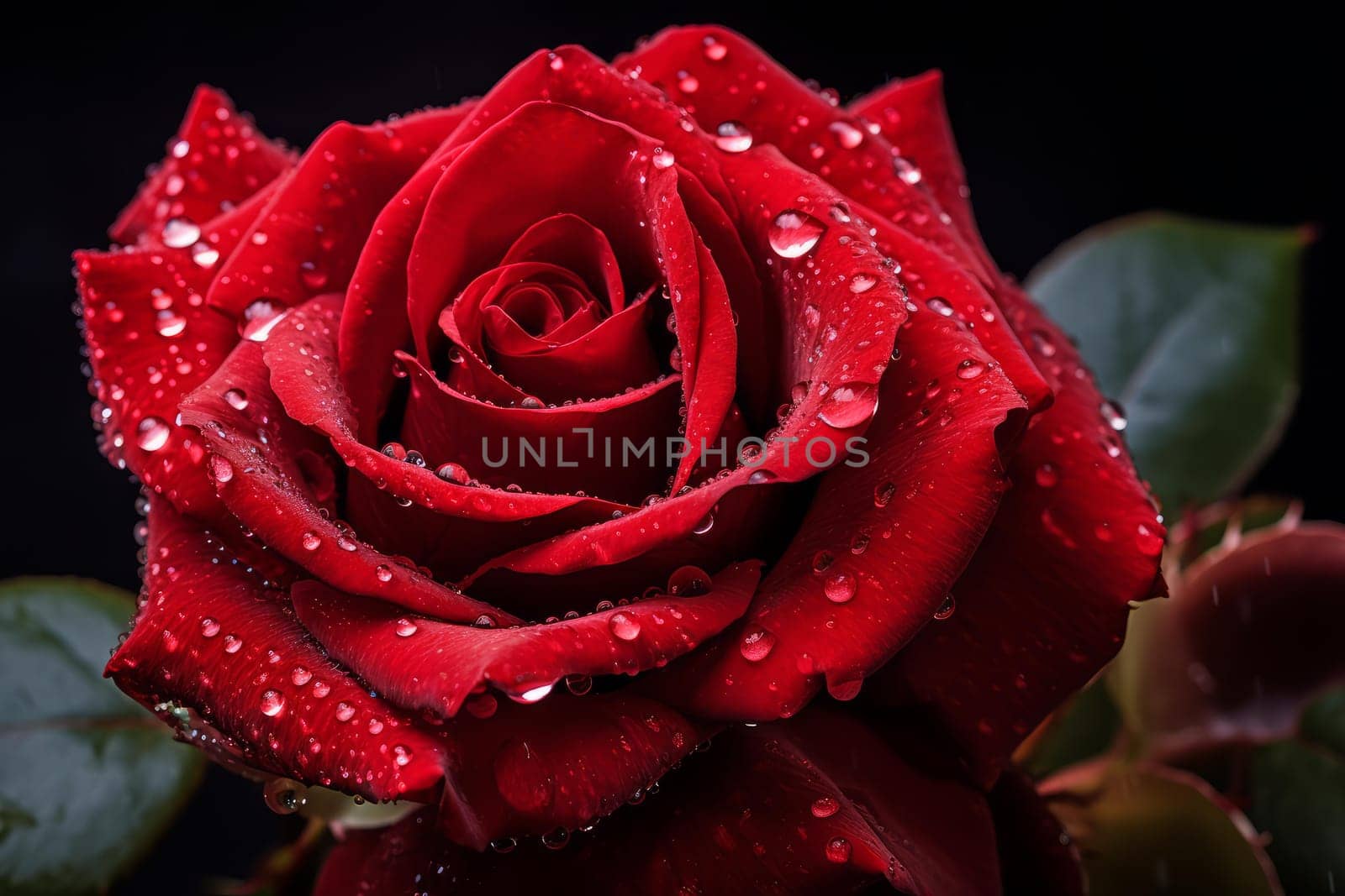 Glossy Red rose water droplets. Botanical flower. Generate Ai