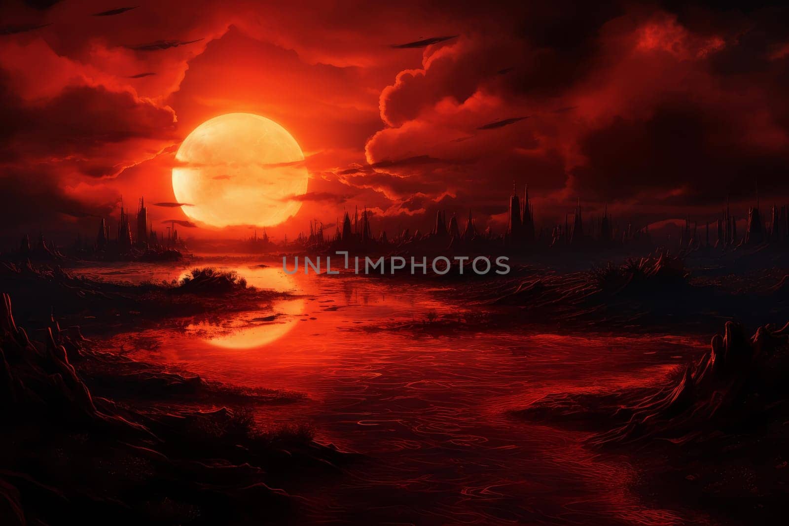 Romantic Red sunset view. Summer light. Generate Ai
