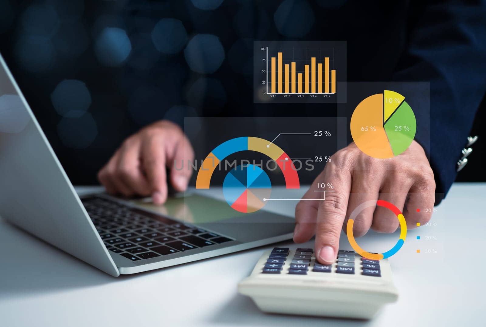 Business people use computers to analyze business and manage corporate data, business analytics with charts, metrics and KPIs to improve organizational performance, marketing, financial organization strategy. by Unimages2527