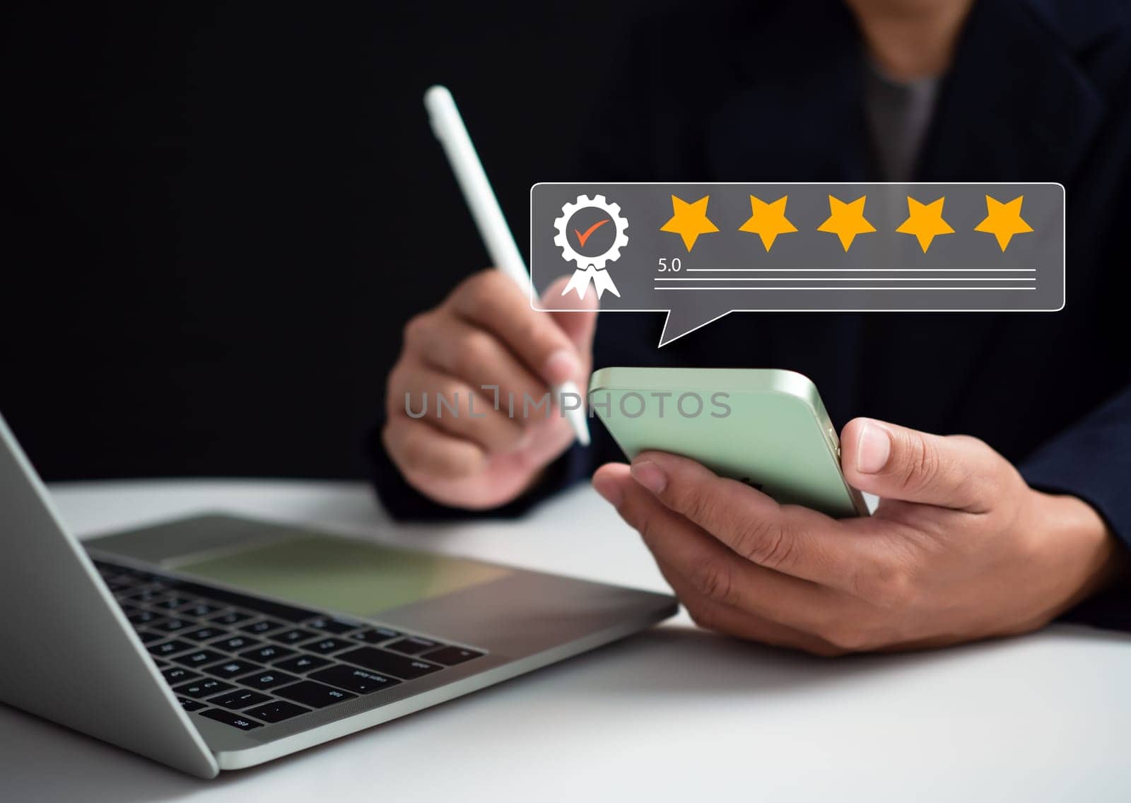 Business people use computers and telephones to analyze customer service satisfaction. Customer Satisfaction Survey concept, service experience rating online application, satisfaction feedback review by Unimages2527