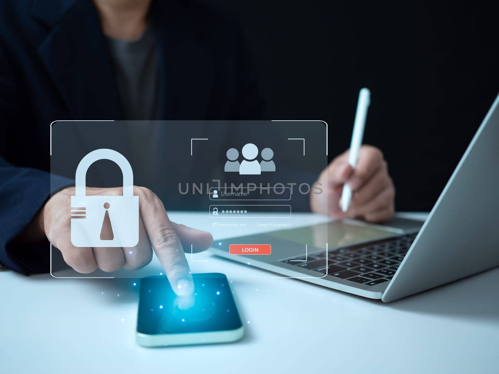 Businessman is fingers are pressing on the phone screen. Represents protection against external hacks, code protection security concepts, viruses, firmware and malware. by Unimages2527