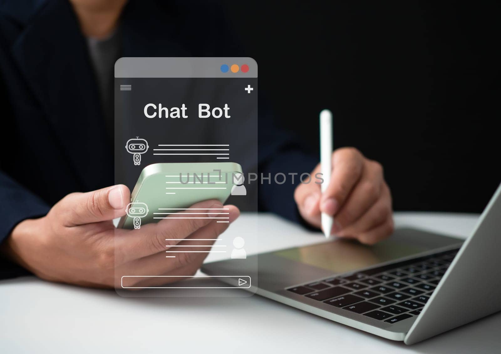 Business people use computers and work phones. There is a smart AI system to help make work faster. chat bot. Smart AI system concept. Concept technology. by Unimages2527