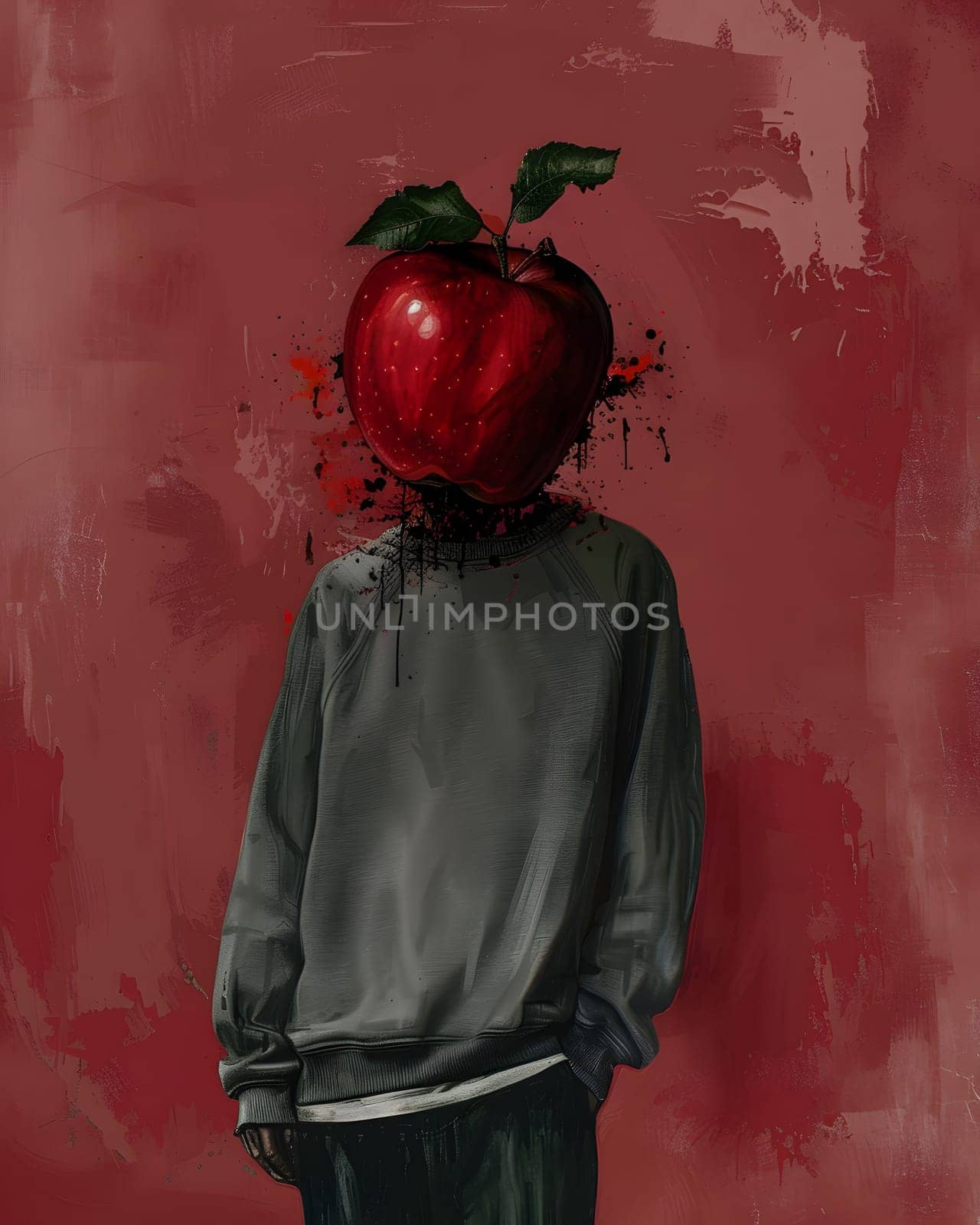 A painting depicting a human body with a magenta sleeve and a fruit on their head as a gesture of art. The event captures the beauty of natural foods in a unique painting