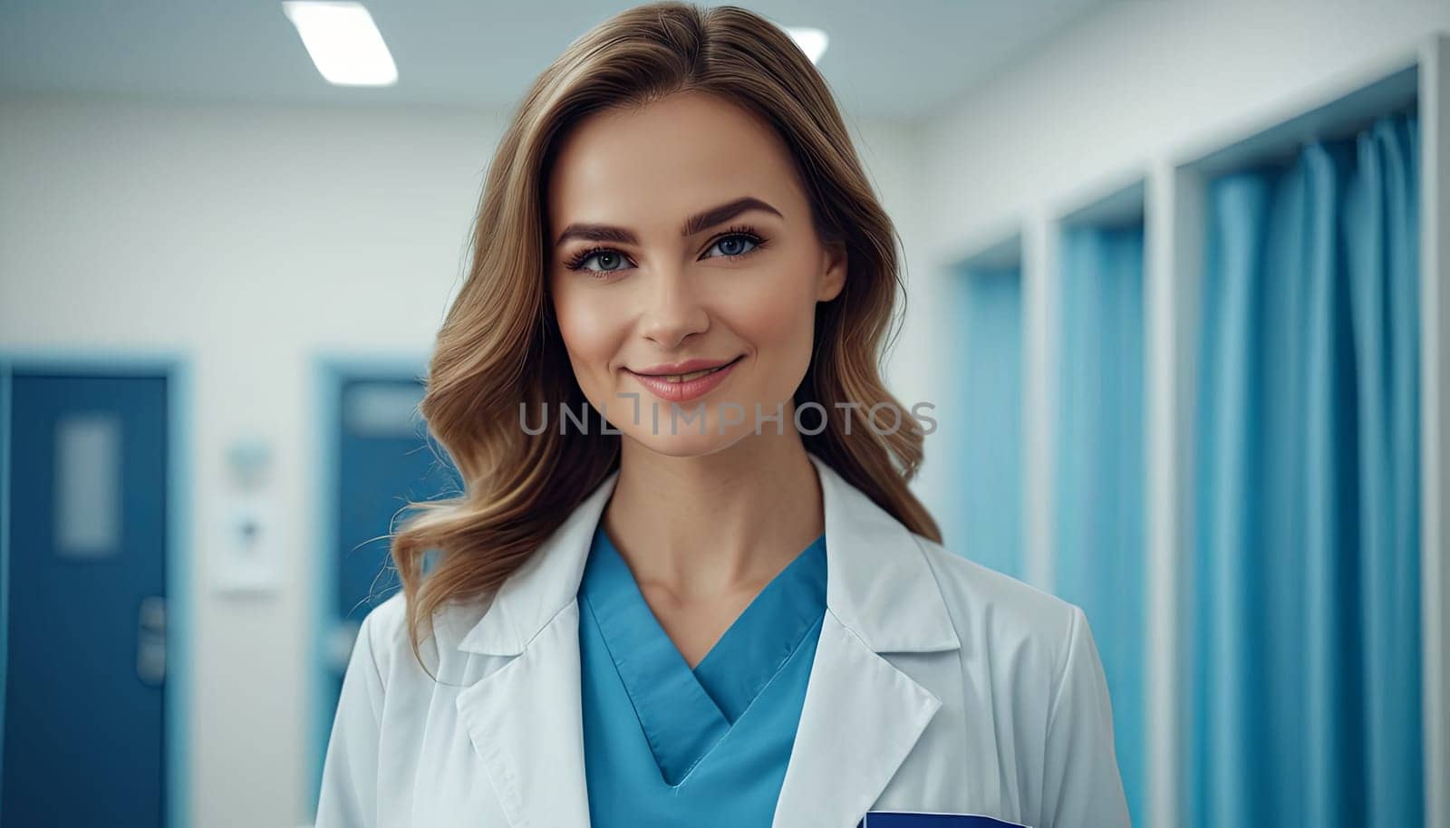 Happy female doctor poses indoors. Captured during daytime, highlights professionalism in healthcare. by Matiunina