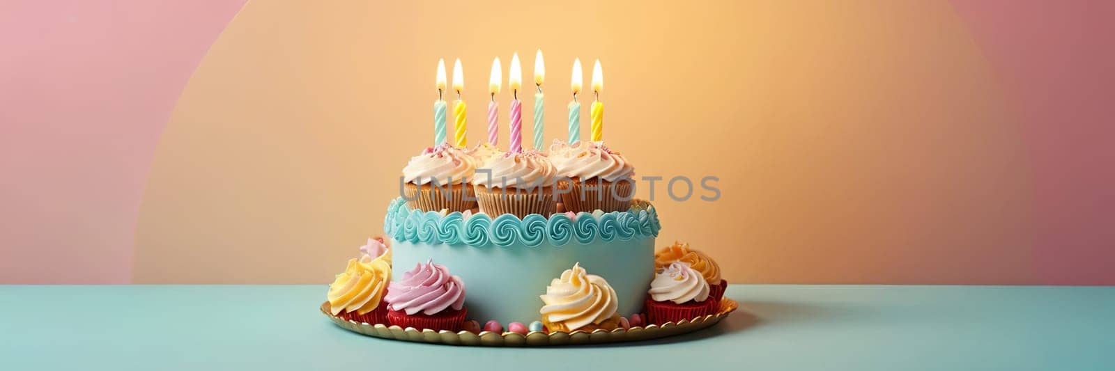 Birthday cake glowing candles pink backdrop, marking of joy and celebrating. banner with free space.