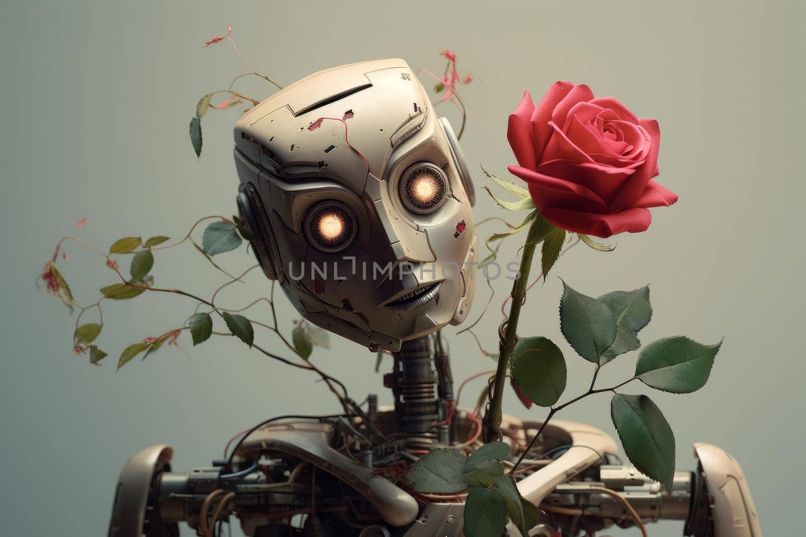 Curious Robot thinking about love. Take rose flower. Generate Ai
