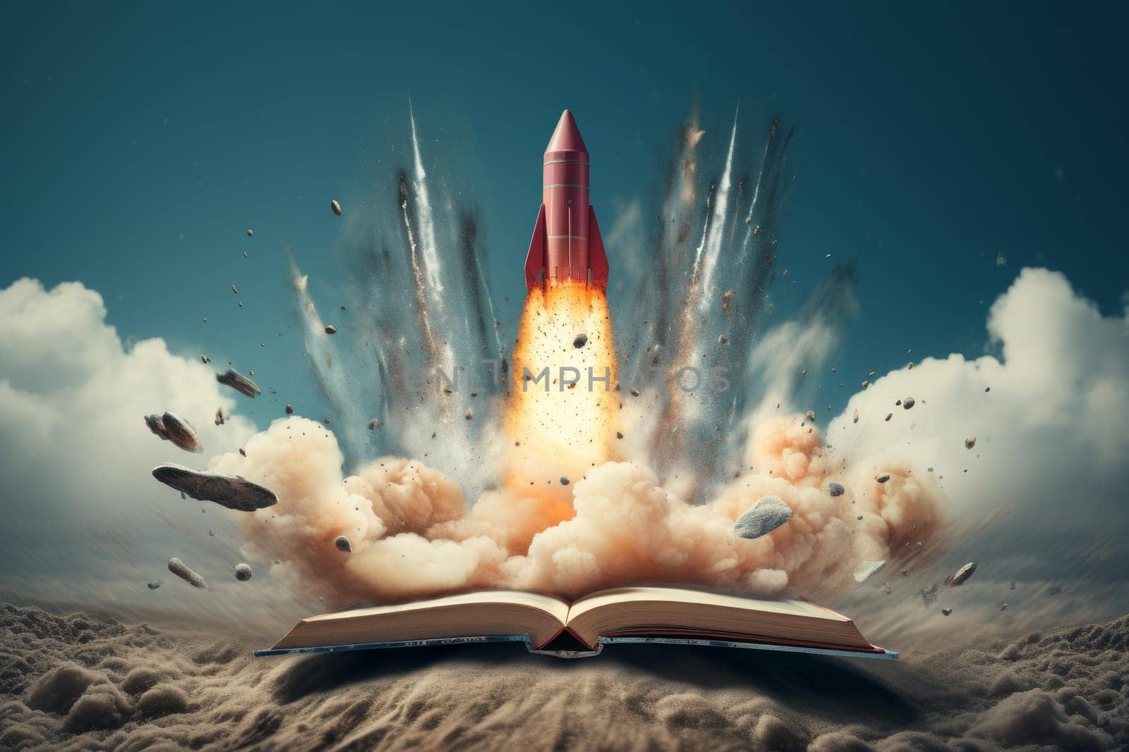 Dynamic Rocket coming out of open book banner. Generate Ai by ylivdesign