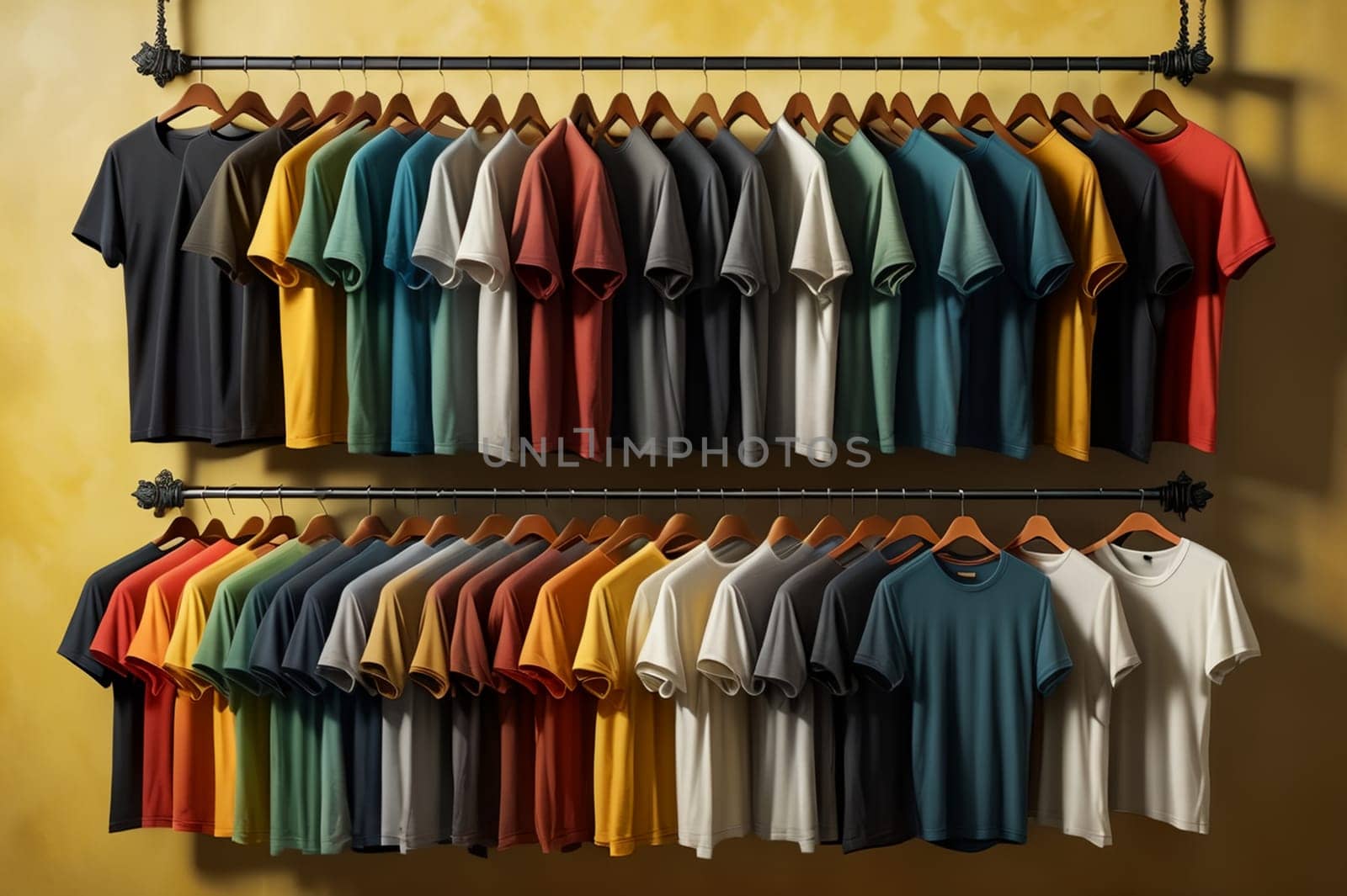 multi-colored t-shirts on hangers in a store. AI generated image.