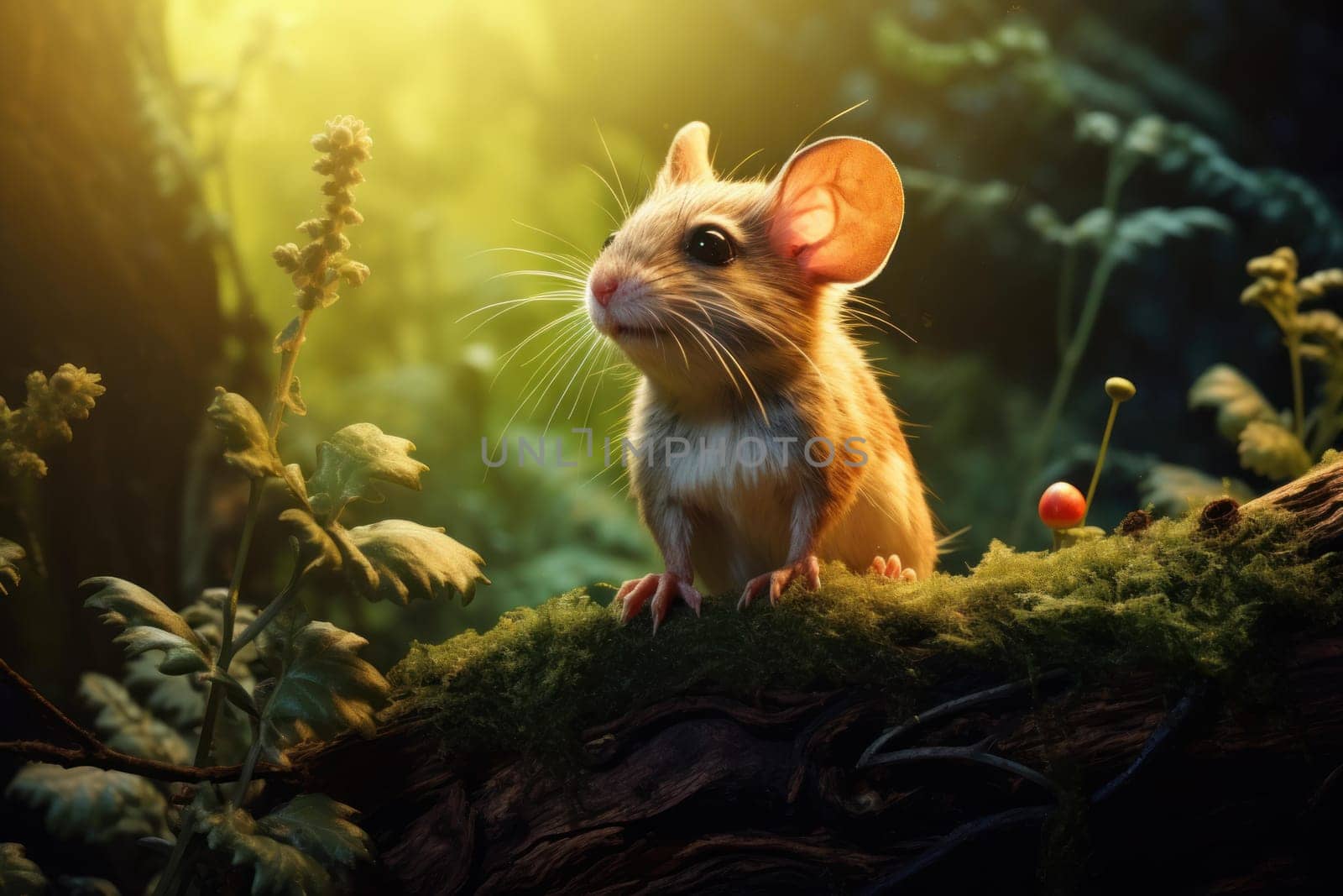 Furry Rodent animals on green moss surface. Generate ai by ylivdesign