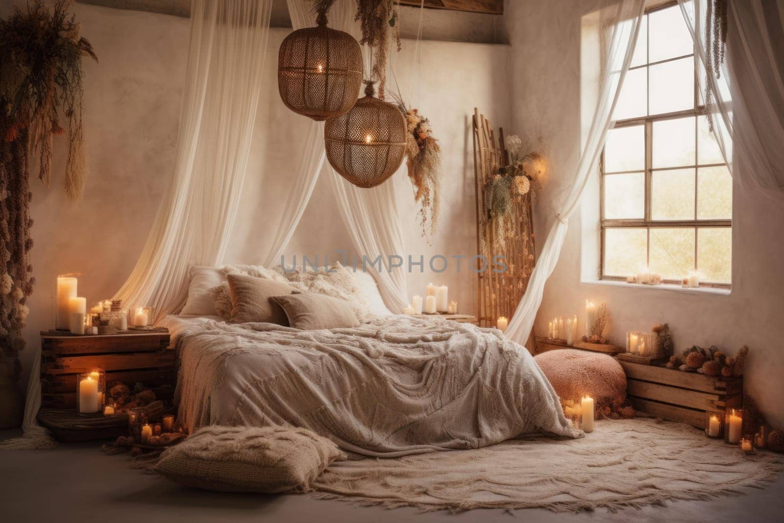 Cozy Romantic bedroom boho style design. Modern sleeping room with warm rosy tones. Generate ai