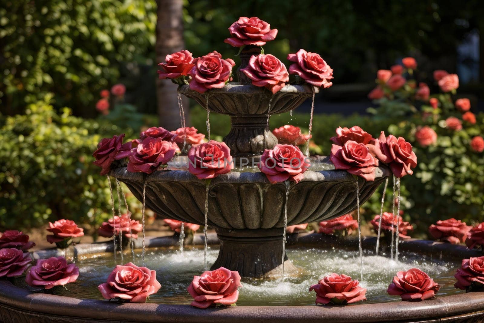 Striking Rose garden fountain. Generate Ai by ylivdesign
