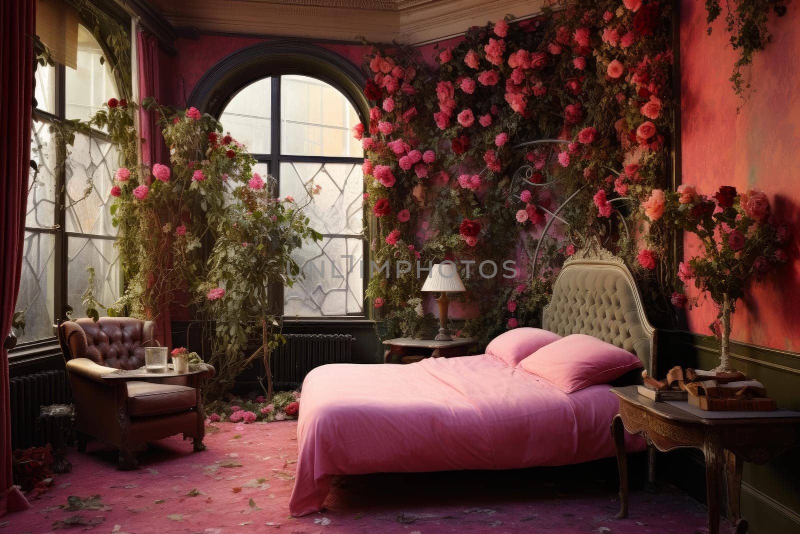 Luxurious Rose hotel room love. Flower beautiful. Generate Ai