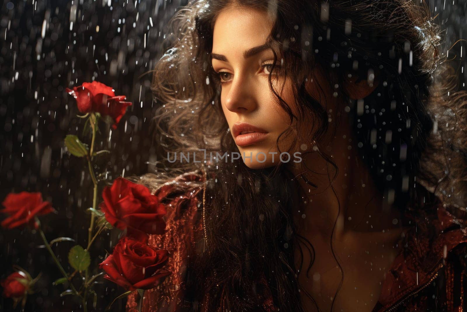 Refreshing Rose rain woman. Plant color gift. Generate Ai