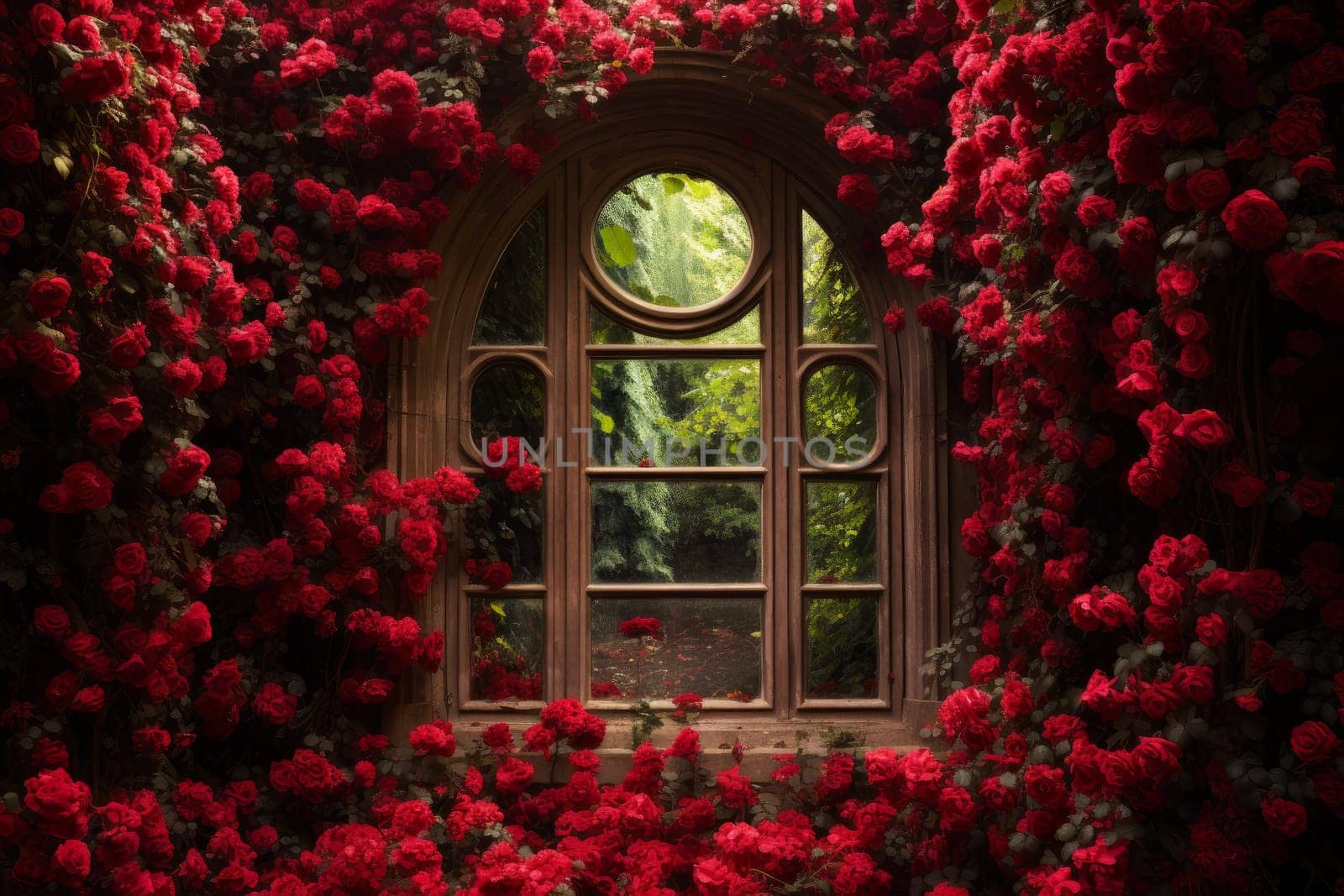 Vibrant Red rose glass window. Generate Ai by ylivdesign