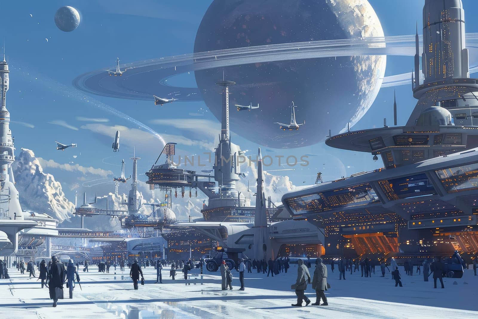 The image captures a state-of-the-art spaceport teeming with shuttles and activity, signifying human advancements and the busy nature of interstellar travel