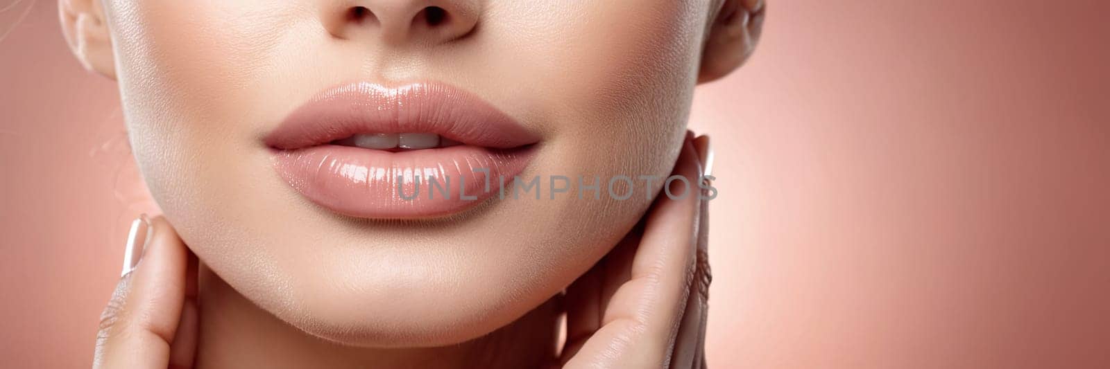 Close-up of a person’s lower face, showcasing clear complexion against a soft pink background. Image captures detail of skin texture, lips, used for skin care promotion. by Matiunina