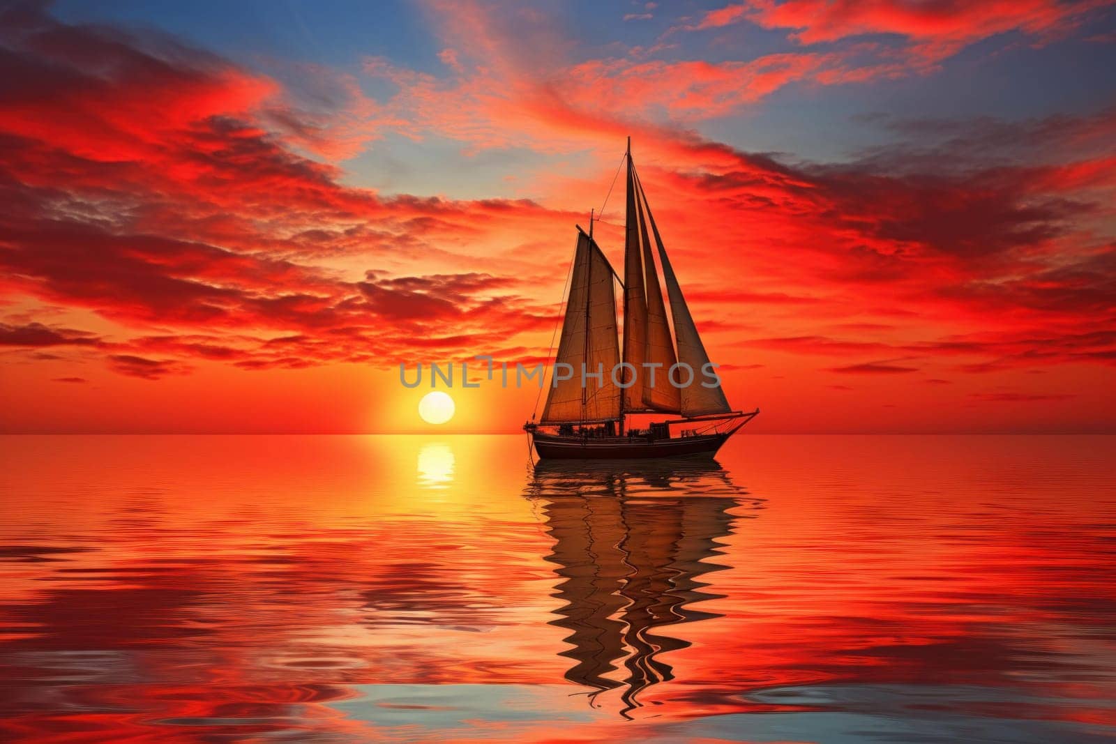 Tranquil Sailboat red sunset. Ocean boat. Generate Ai