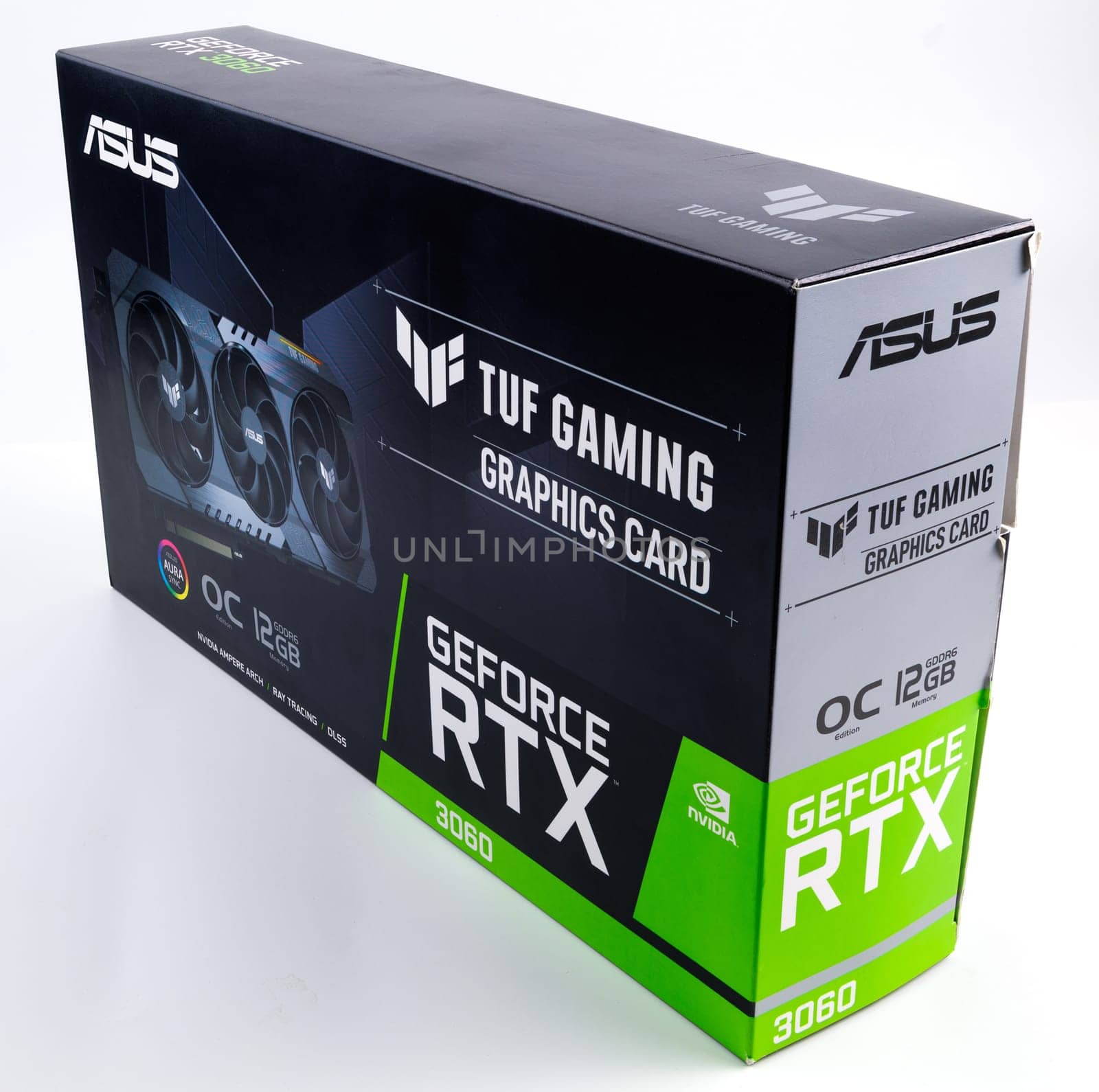 cardboard box of NVIDIA RTX 3060 OC 12g TUF gaming graphics card on white background by z1b