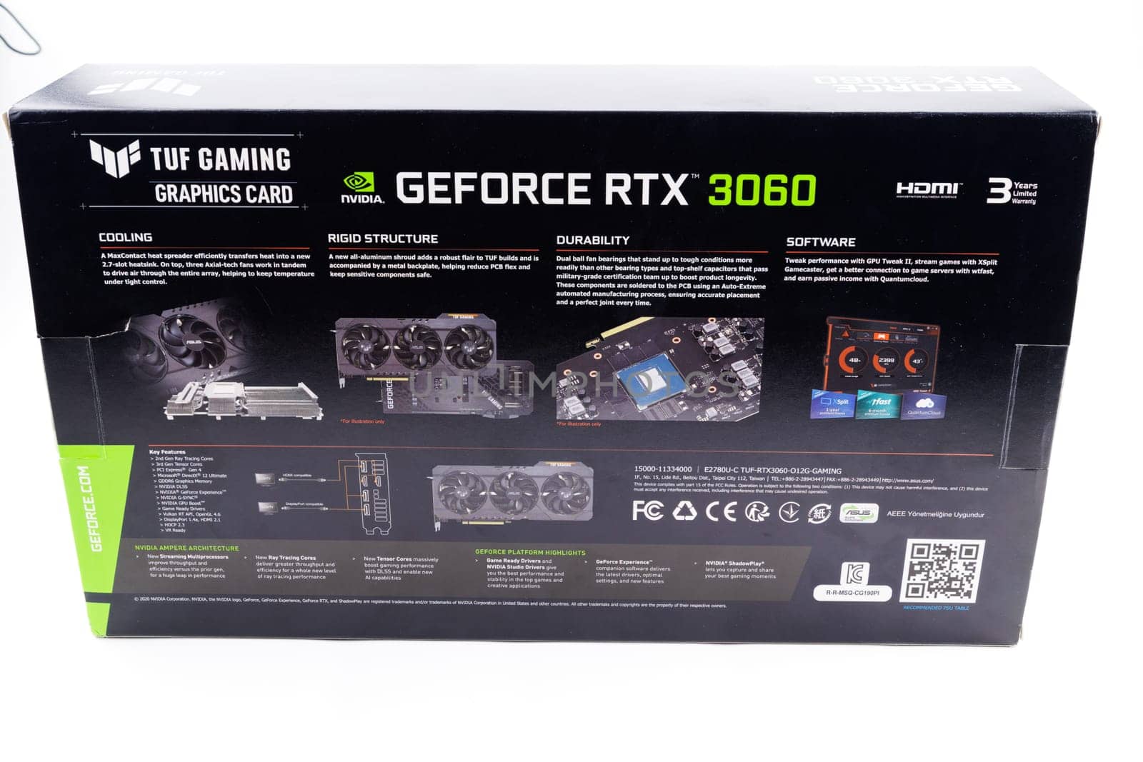 cardboard box of NVIDIA RTX 3060 OC 12g TUF gaming graphics card on white background. Tula, Russia - July 26, 2022