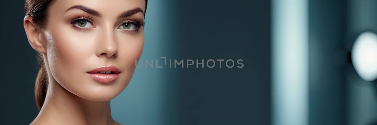 Close-up of a person’s lower face, showcasing clear complexion against a blue background. Image captures detail of skin texture, lips, used for skin care promotion. by Matiunina