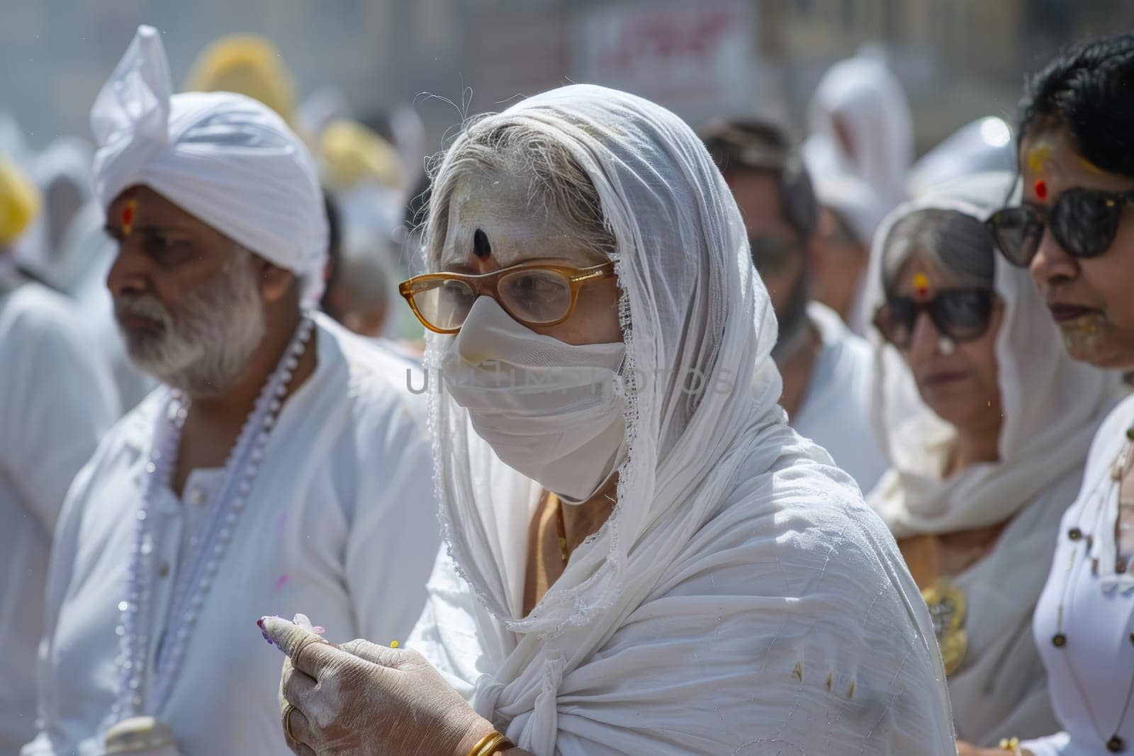 A group of Indian women clad in traditional white saris gather under the bright sun, their expressions reflecting the gravity of the occasion. The red markings on their foreheads stand out against the purity of their attire, suggesting a cultural or religious significance
