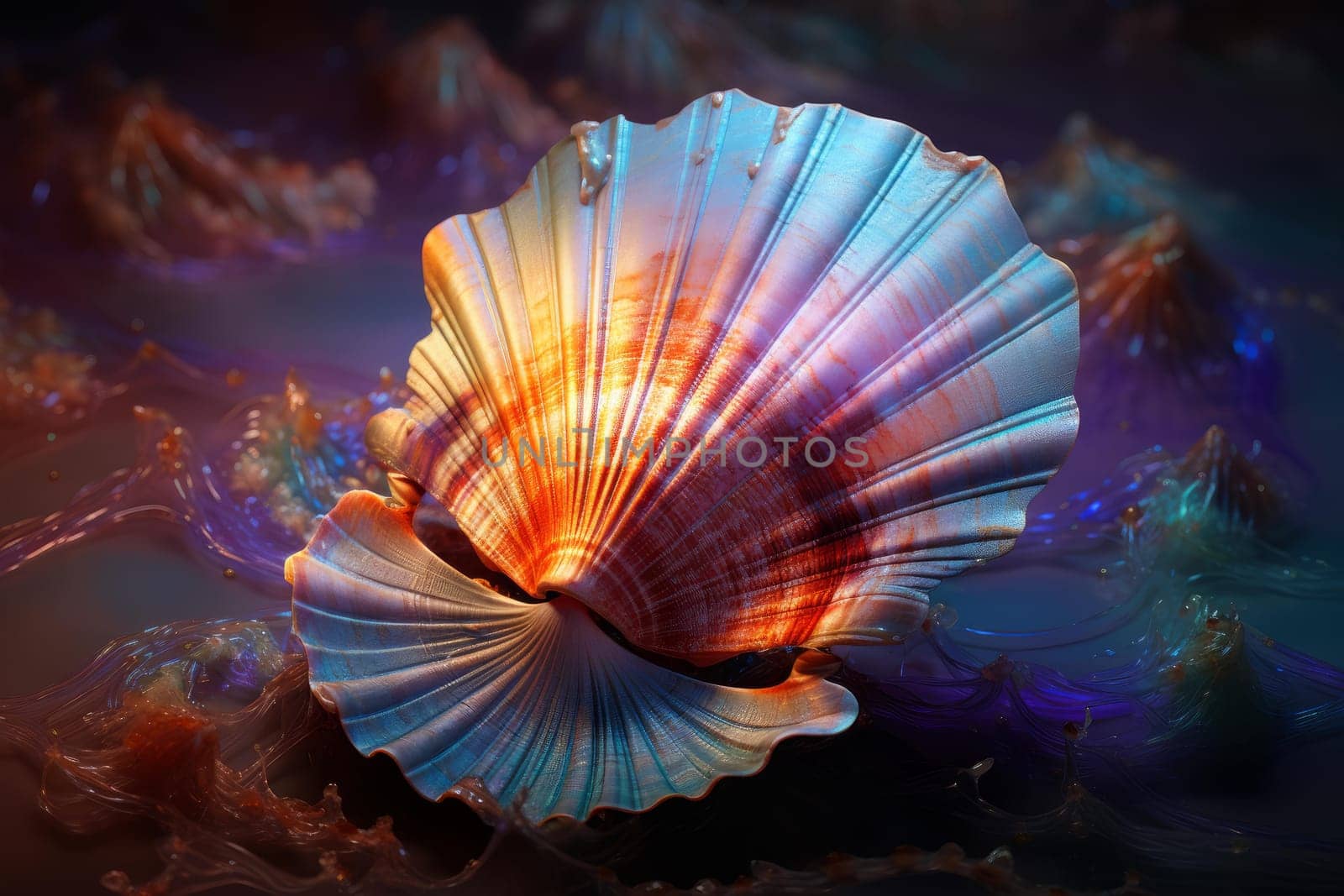 Iridescent Colorful scallop shell. Sea natural. Generate Ai