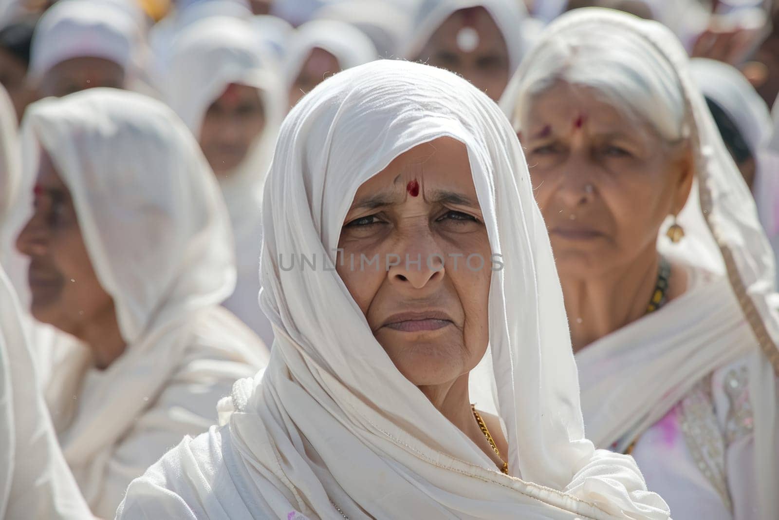A group of Indian women clad in traditional white saris gather under the bright sun, their expressions reflecting the gravity of the occasion. The red markings on their foreheads stand out against the purity of their attire, suggesting a cultural or religious significance
