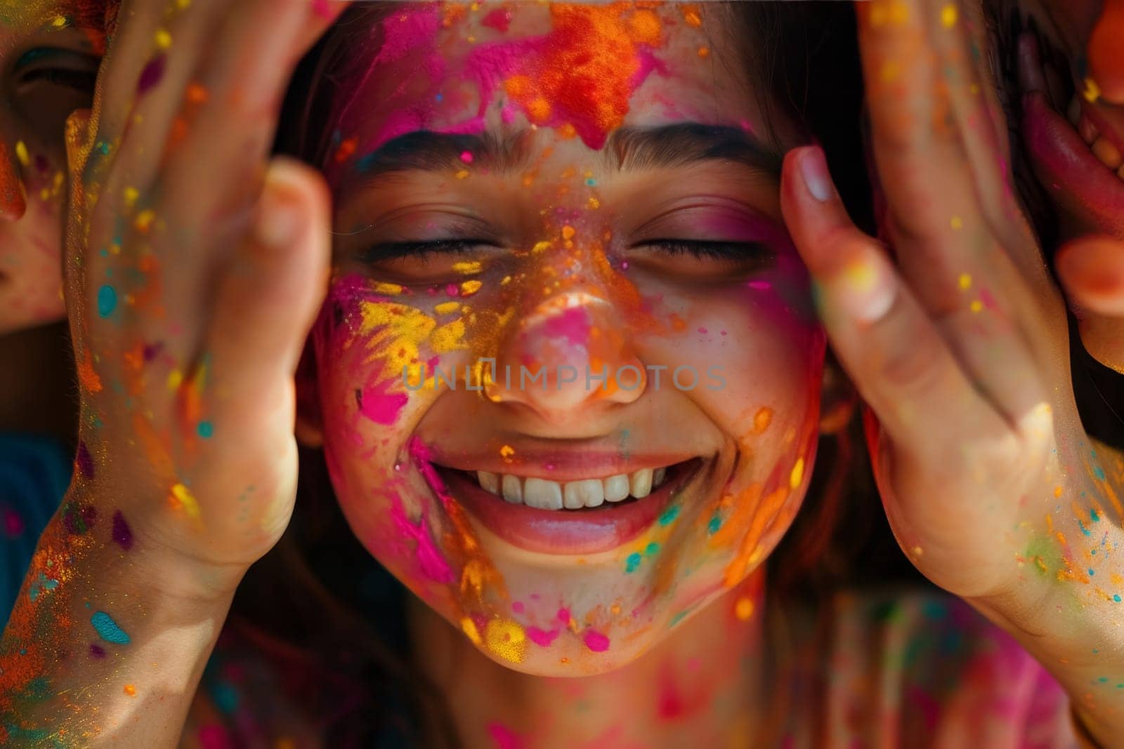 A young girl's face lights up with joy, smeared with vibrant colors during the Holi festival. This moment of pure happiness and cultural tradition shines through