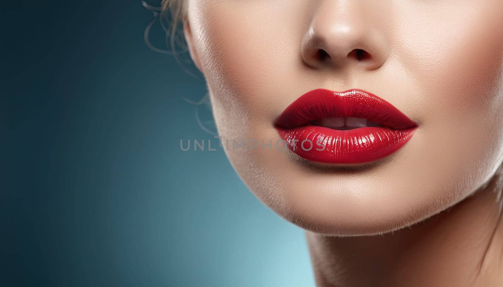 Close-up woman lower face, showcasing clear complexion against a blue background. Image captures detail of skin texture, lips, used for skin care promotion. by Matiunina