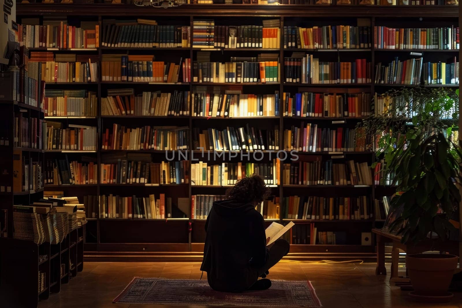 In a tranquil library, an individual is deeply absorbed in reading, surrounded by towering bookshelves. This scene exemplifies a peaceful escape through literature