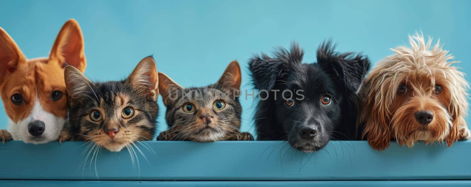 The picture of front view and close up of the multiple group of the various cat and dog in front of the bright blue background that look back to the camera with the curious and interest face. AIGX03.