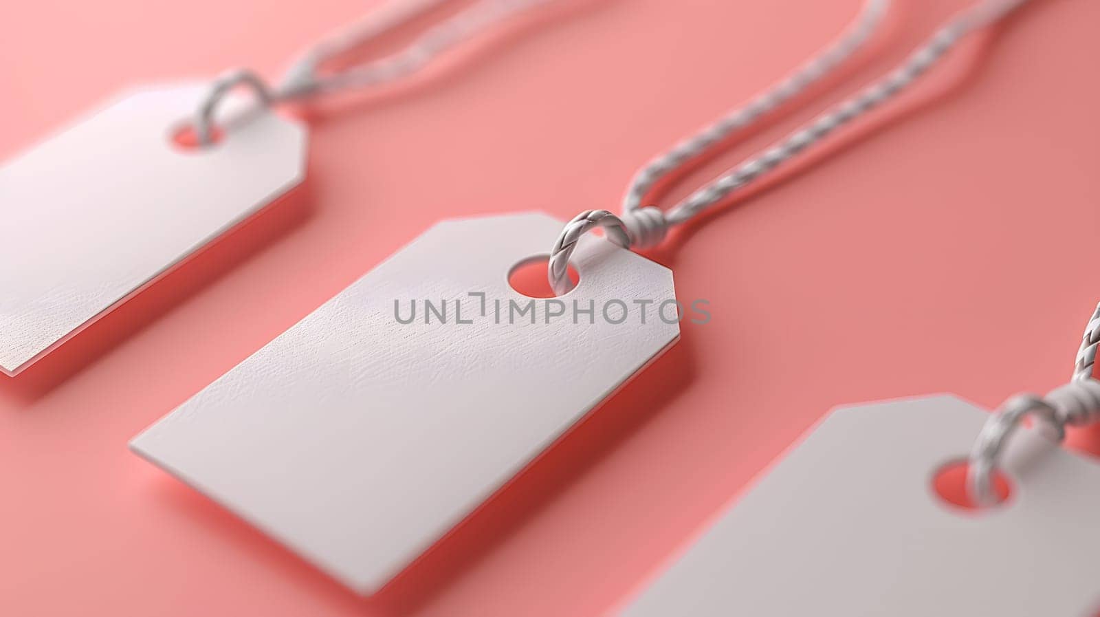 Three white rectangles made of wire are displayed on a vibrant pink surface. The tags are perfect for body jewelry or fashion accessories, contrasting with the magenta background