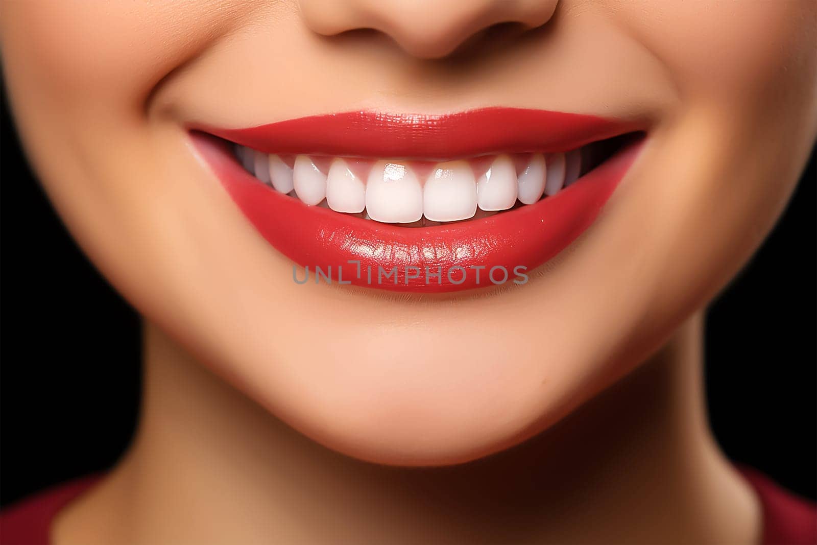 perfect smile with healthy white teeth. red lipstick on lips. by Suietska