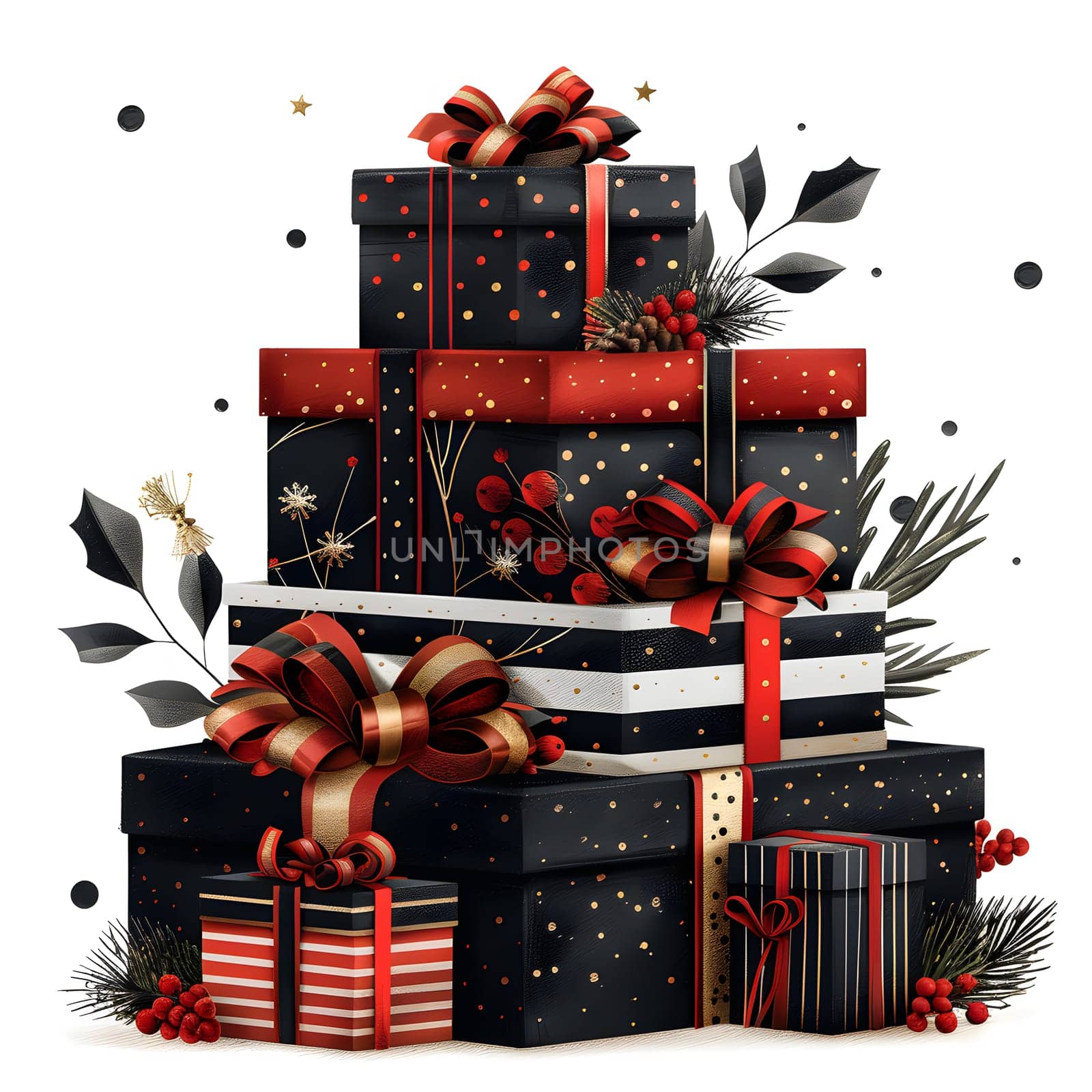 A stack of Christmas presents with bows and ribbons on a white background by Nadtochiy