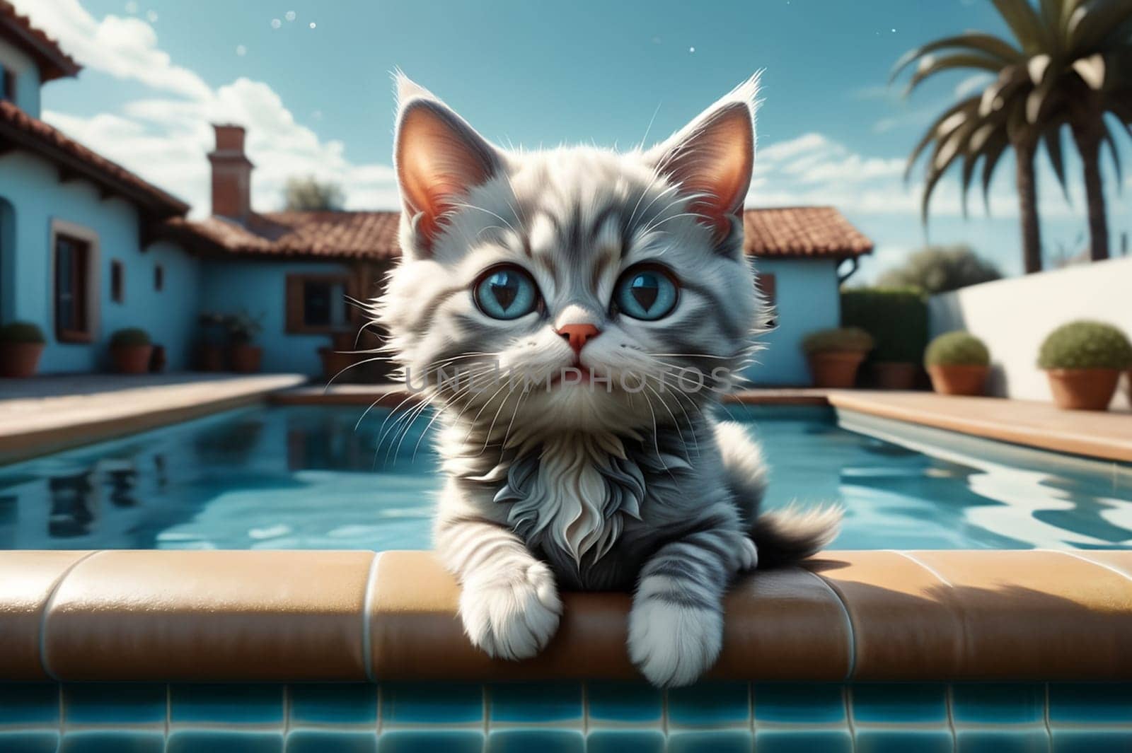 Happy cat swims in the pool near the house. by Rawlik