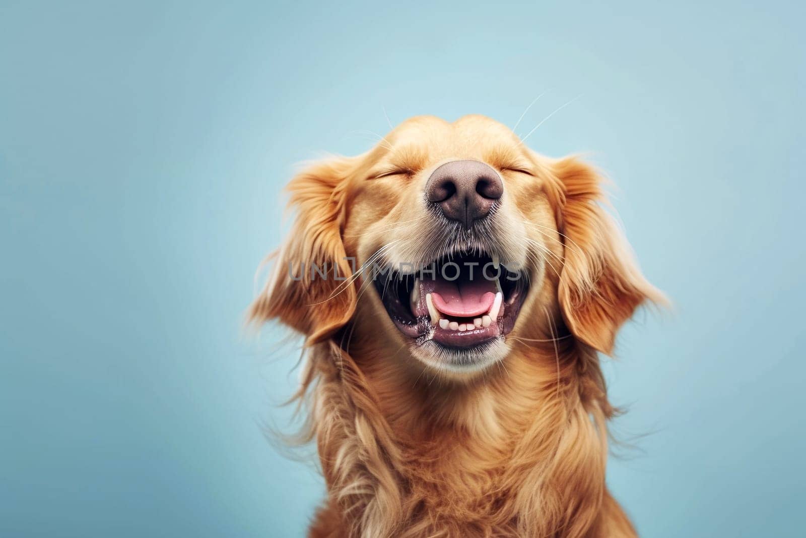 Golden Retriever Smiling Joyfully Against a Blue Background by chrisroll