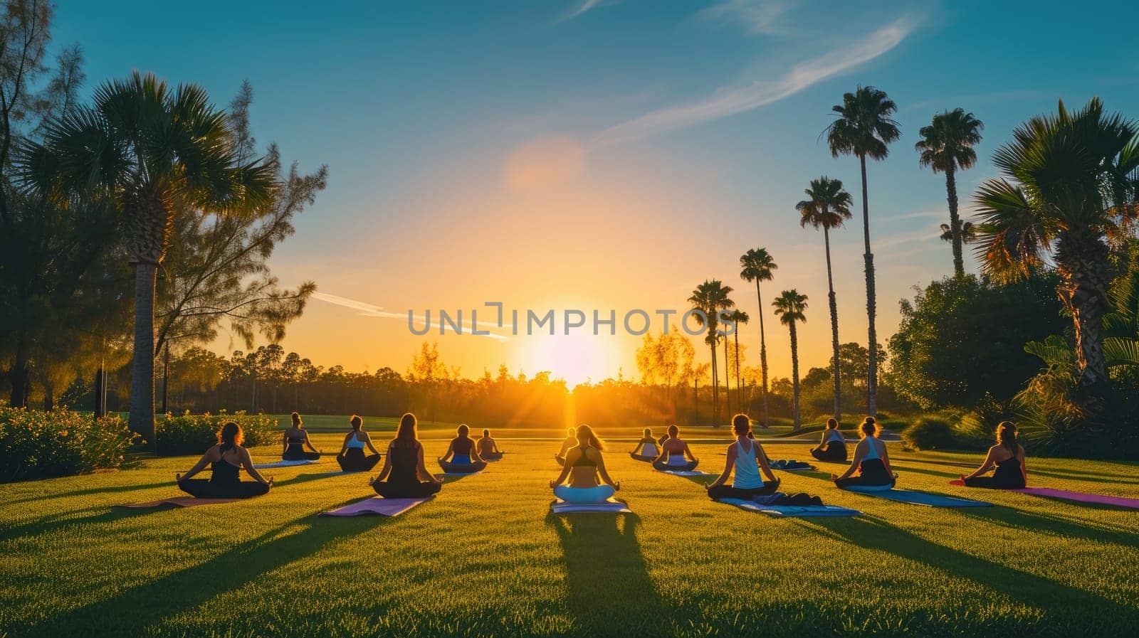 A serene yoga class at sunrise, participants in a tranquil outdoor setting, symbolizing peace and mindfulness. Resplendent.