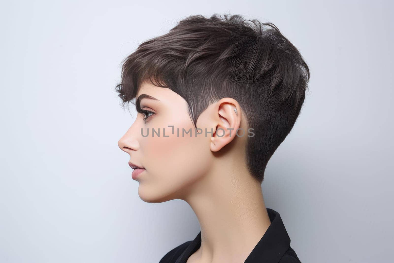 Groomed woman short crew haircut street portrait. Comb beauty lifestyle cut. Generate AI