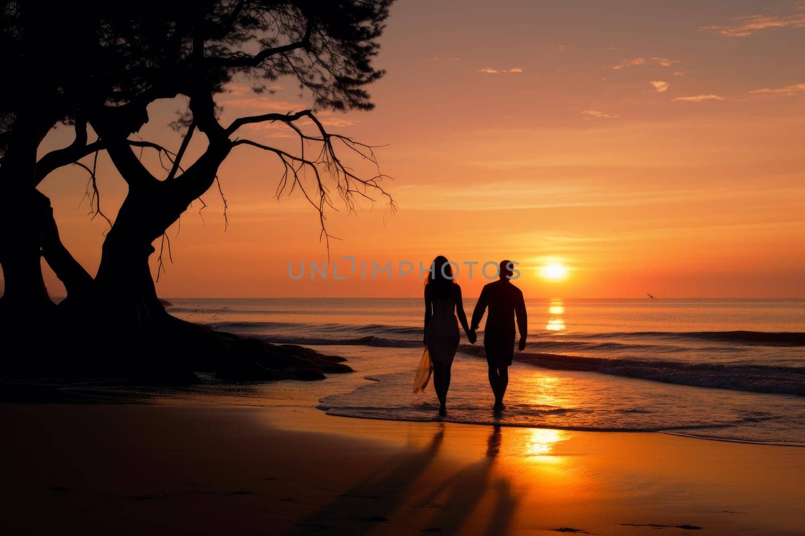 Serene Silhouette of couple at the sunset beach. Generate ai by ylivdesign