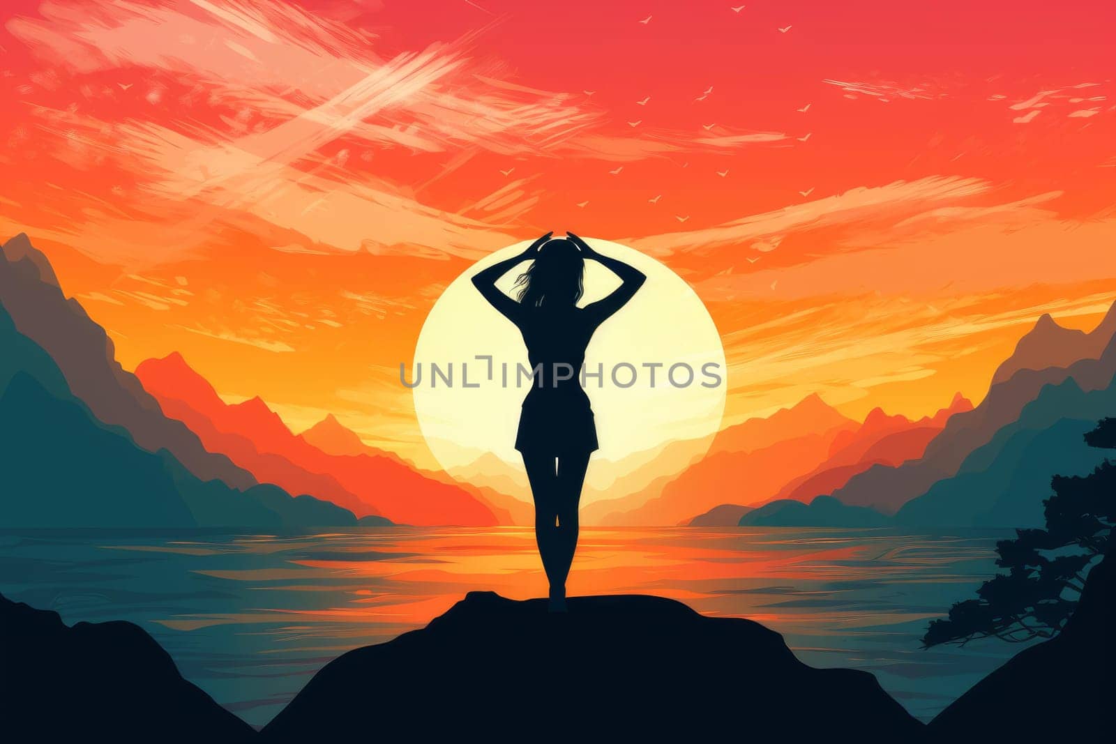 Serene Silhouette of yoga girl. Meditation relax by ylivdesign