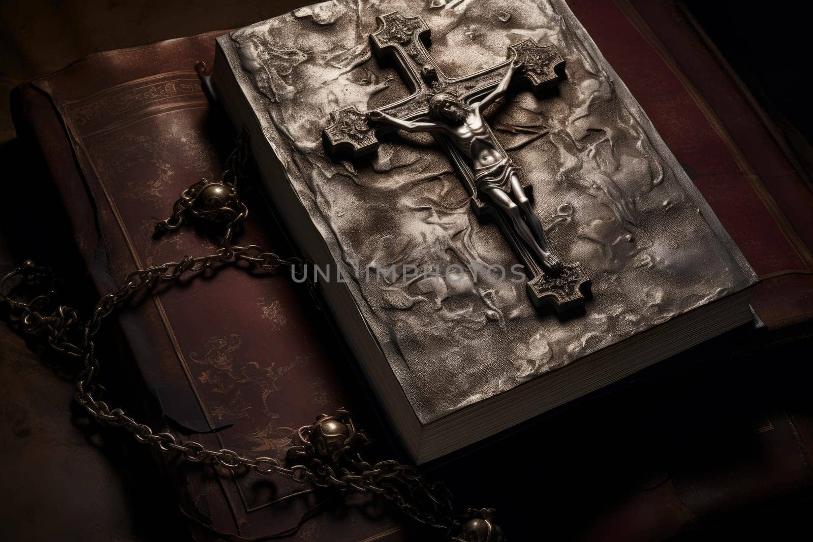 Sacred Crucifix holy bible. Cover cross. Generate Ai