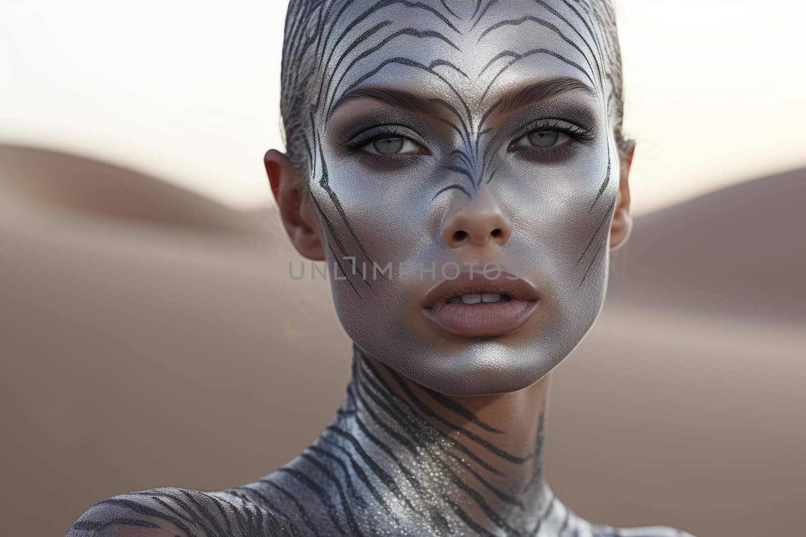 Elegant Silver makeup woman desert. Paint fashion. Generate Ai