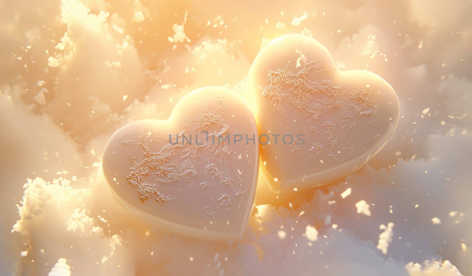 National White Chocolate Day. Dessert, White Chocolate Hearts on Pastel Background with Golden Light. St Valentine Day. Love. Horizontal Plane. AI Generated. High quality photo