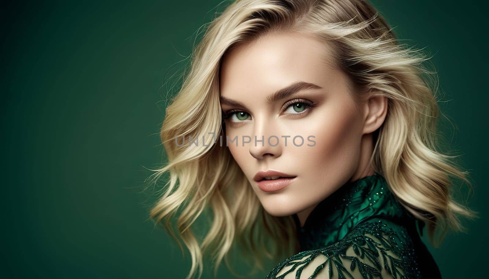 Woman in green outfit, studio setting, neutral expression. Captured to showcase clothing style and design. by Matiunina