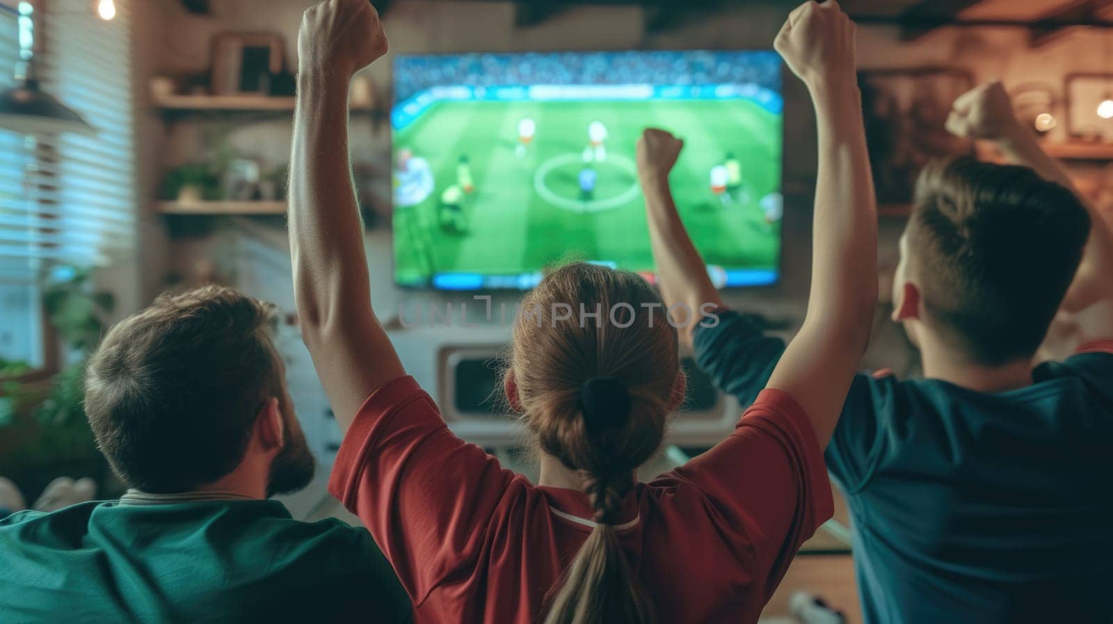 A group of people are sitting on a couch watching a soccer game on a television AIG41 by biancoblue