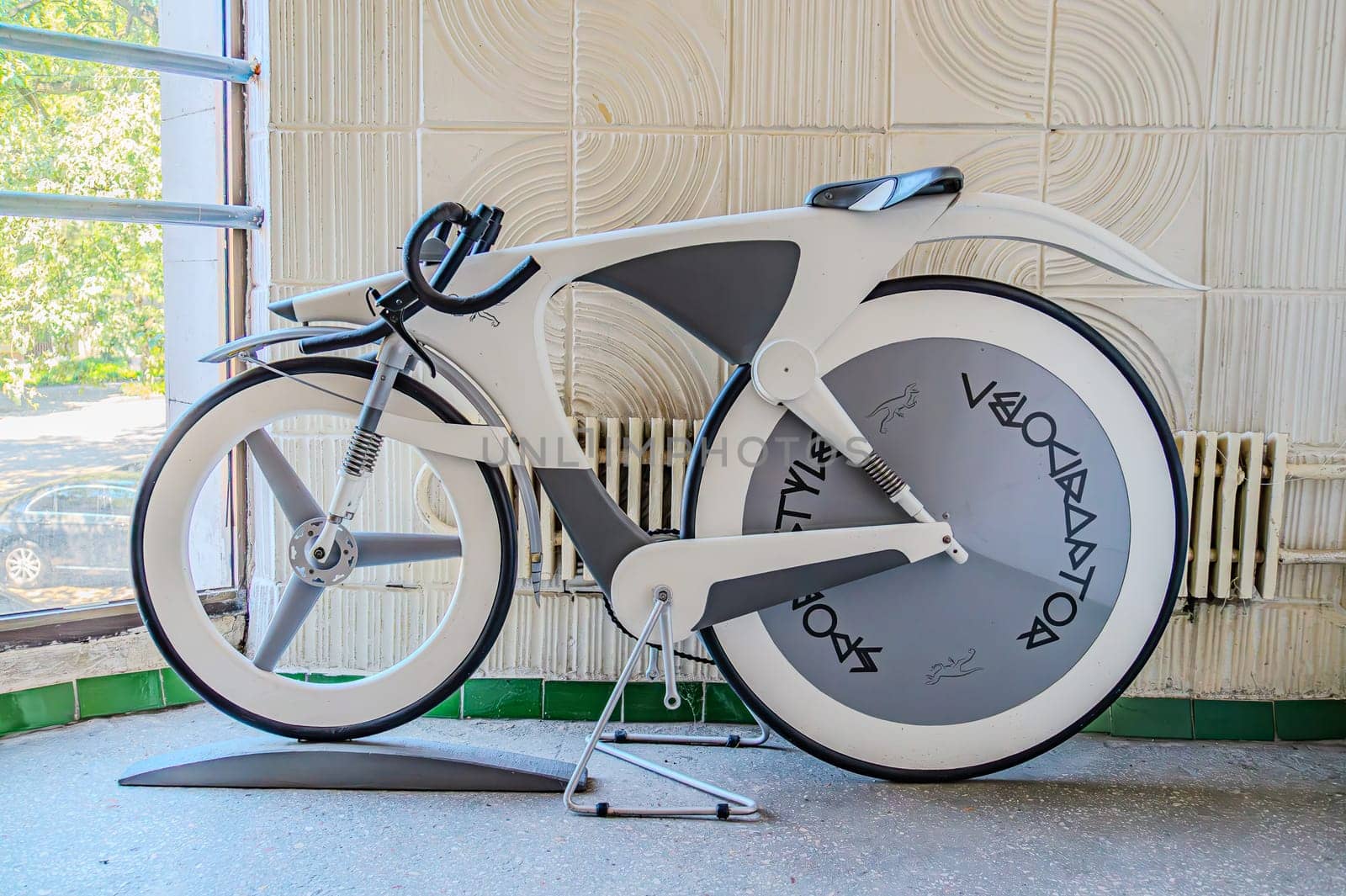 The bicycle of the future student concept bike, at a design university. concept bike, velociraptor inscription. Kharkiv Ukraine 05-05-2023