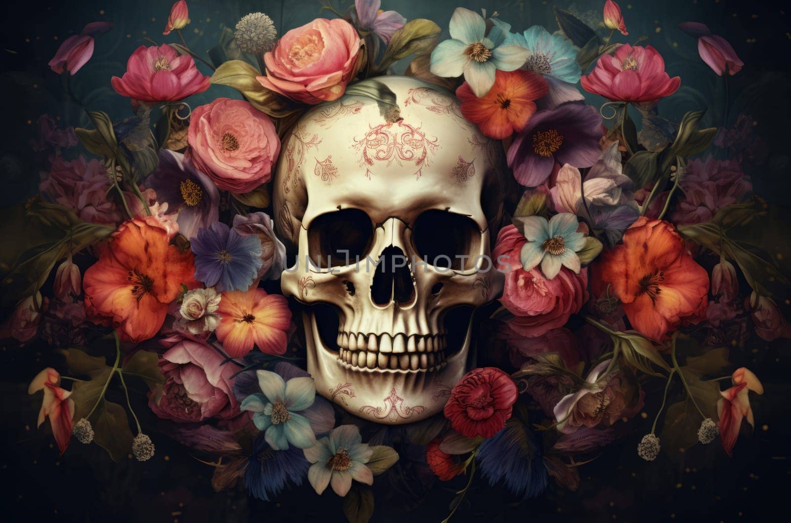 Vibrant Skull flowers art. Texture object. Generate Ai